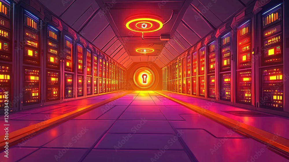 Poster digital corridor with illuminated servers in a futuristic style.