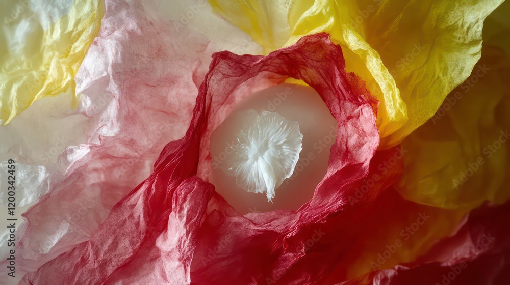 Poster a close up of a red and yellow tissue with a white object in the middle. the tissue is inflamed and 