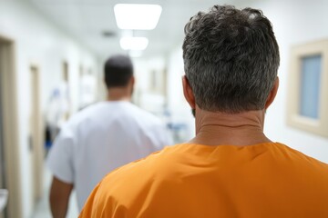 A man wearing orange scrubs walks through a hospital corridor, embodying the emotions of anticipation, uncertainty, and resilience in the healthcare environment.