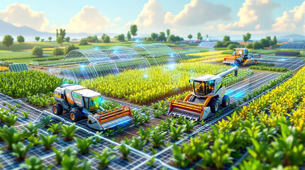 Futuristic AI-Assisted Farm with Robotic Harvesters and Irrigation Systems 