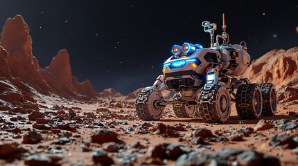 Futuristic AI-Driven Space Exploration Rover Analyzing Extraterrestrial Terrain 