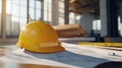 Depict a construction site desk featuring a bright yellow construction helmet placed on top of a stack of empty blueprints The scene should convey a sense of inact