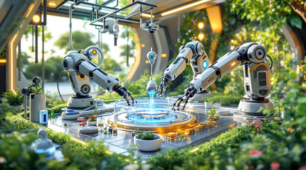 Futuristic AI-Powered Environmental Monitoring Station with Robotic Arms 