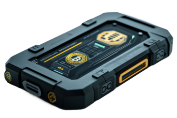 Futuristic gadget featuring advanced technology and sleek design sits on a surface isolated on transparent background