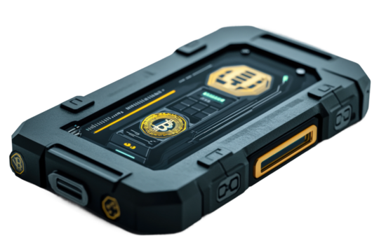 Futuristic gadget featuring advanced technology and sleek design sits on a surface isolated on transparent background