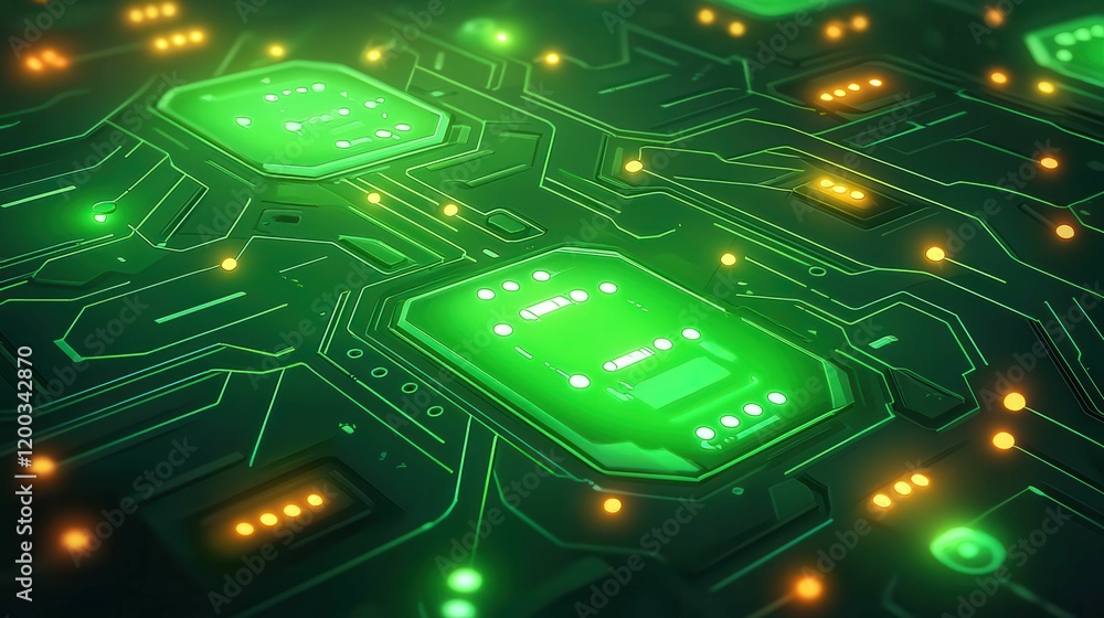 Poster abstract representation of a green circuit board with glowing elements.