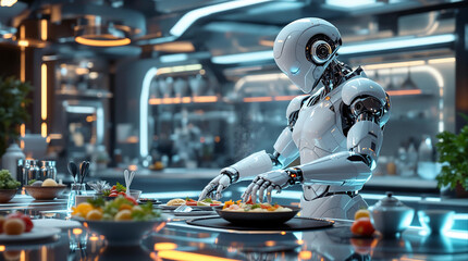 Humanoid Robot Chef Preparing Gourmet Dishes in Futuristic Kitchen 