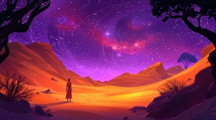 Fototapeta premium A silhouette of a person in a desert landscape under a starry sky, showcasing a cosmic scene.
