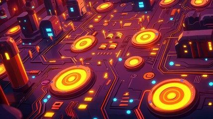 Fototapeta premium A vibrant 2D digital circuit board with glowing elements in a futuristic design.