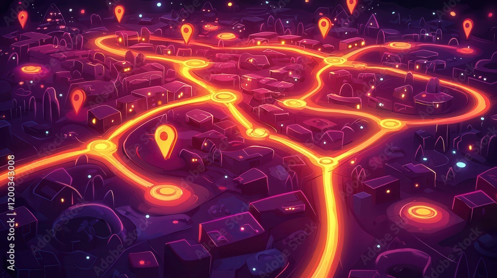 Poster a colorful map representation with vibrant paths and location markers in a night setting.