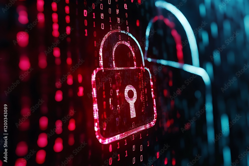 Poster digital security lock, binary code background. cybersecurity concept