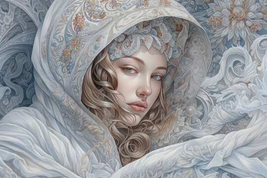 Russian beauty in a white embroidered scarf, illustration,.Generative AI