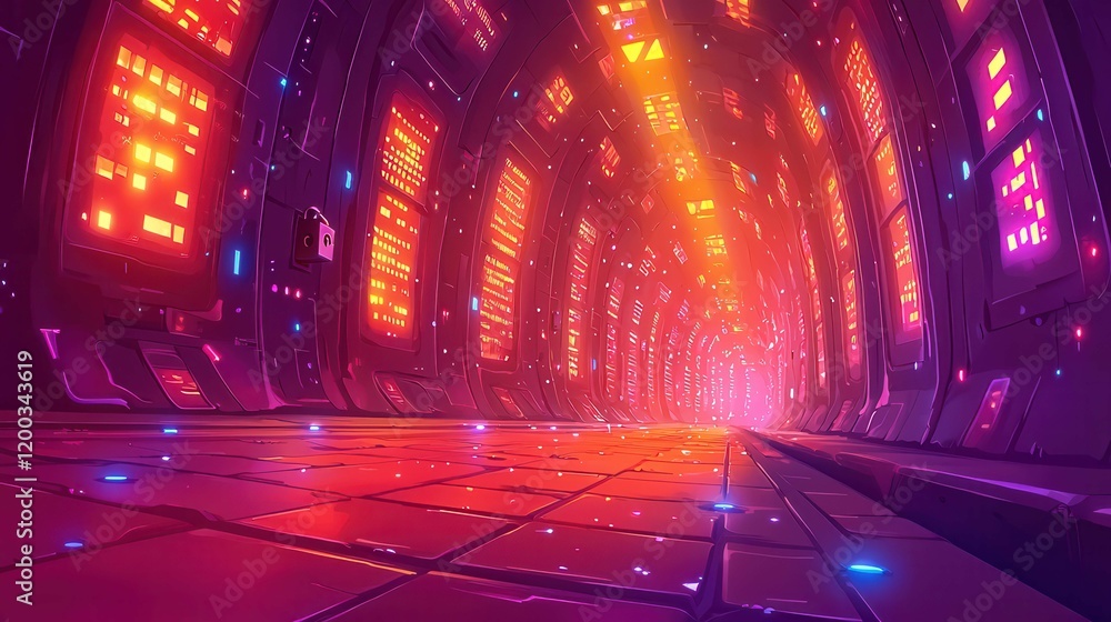 Poster a colorful, futuristic tunnel illuminated by glowing lights and vibrant colors, creating a dynamic a