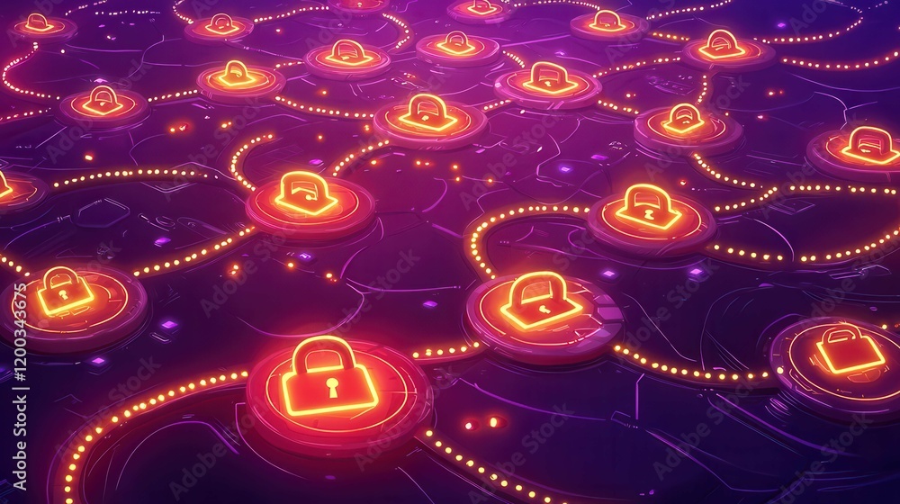 Poster a vibrant digital representation of secure locks interconnected on a dark background, symbolizing cy