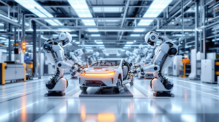 AI-Powered Robots Assembling Electric Vehicles in High-Tech Factory 