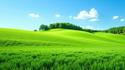 Fototapeta premium Vibrant green field stretches into an inviting expanse under a clear sky, while a gentle hill softly rises to the right, creating a serene and picturesque landscape
