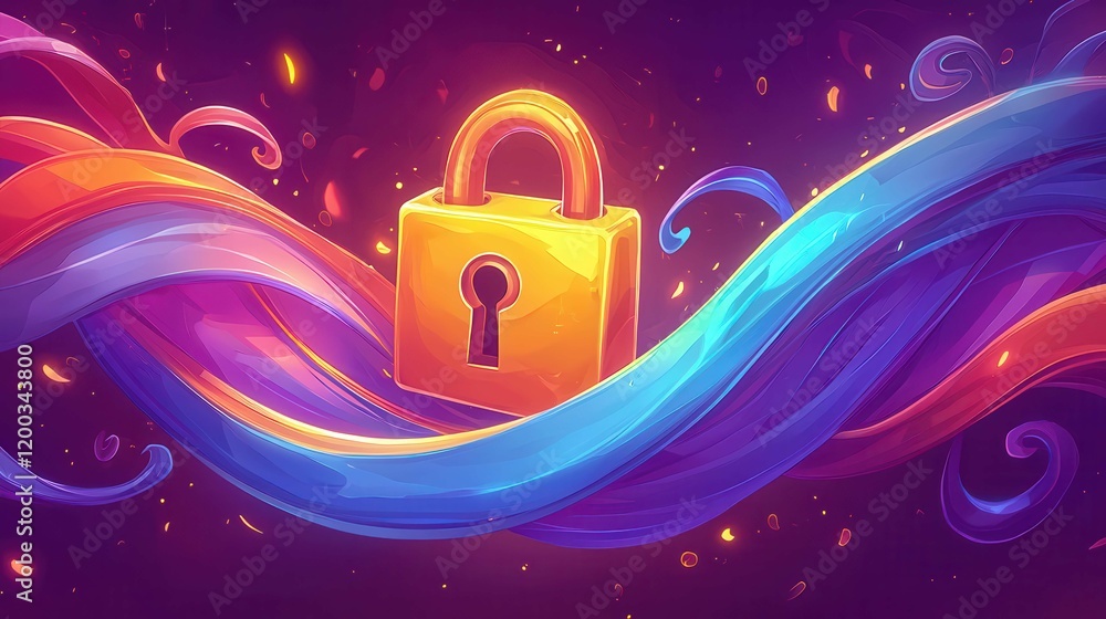 Poster a colorful abstract art featuring a padlock surrounded by flowing waves, symbolizing security and pr
