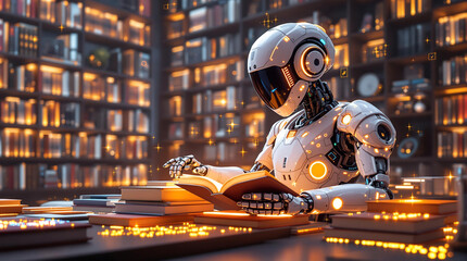 AI-Powered Robotic Librarian Organizing Books in Futuristic Library 