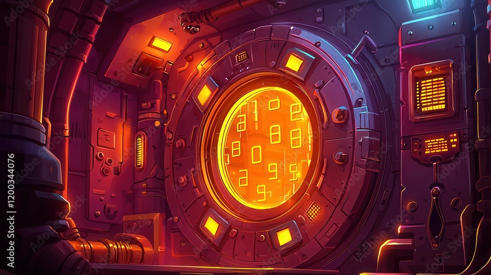 Poster A futuristic portal with glowing numbers and intricate machinery in a sci-fi setting.