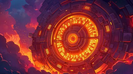 A vibrant clock design in a fantastical setting with glowing orange details against a dramatic sky.