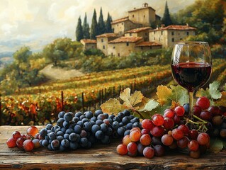 A glass of red wine sits among grapes on a rustic table overlooking a picturesque vineyard and Italian village. Ideal for wine-related businesses or travel agencies.