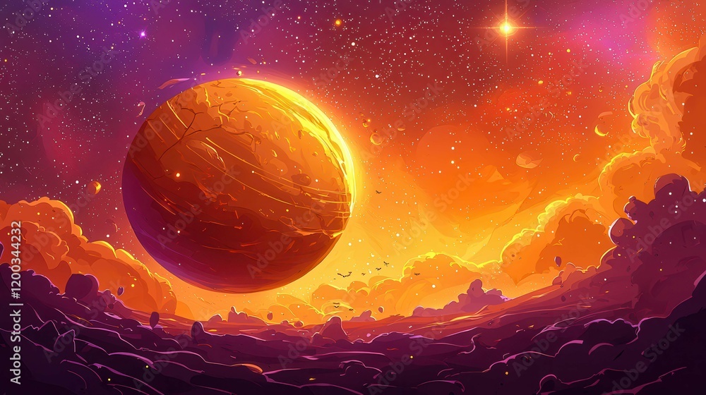 Poster a vibrant, animated representation of a distant planet in a colorful outer space setting, showcasing