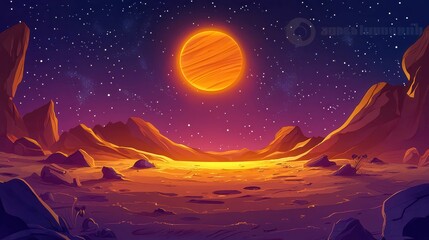 Naklejka premium A vibrant and colorful landscape featuring a glowing sun in a starry sky, with mountains and rocky terrain below.