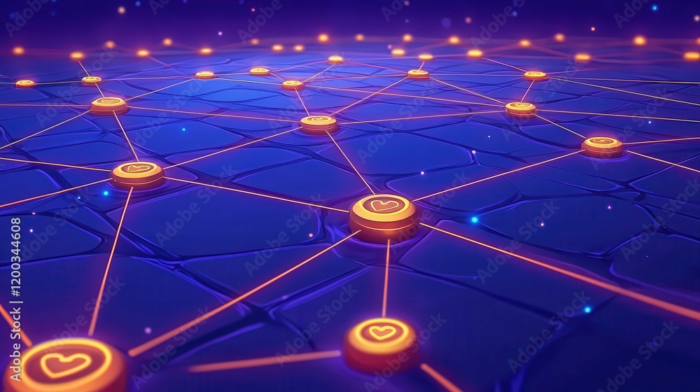 Poster a vibrant digital network representation with illuminated nodes and connections, symbolizing technol