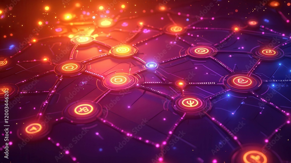 Poster digital network concept with glowing nodes and connections in vibrant colors.