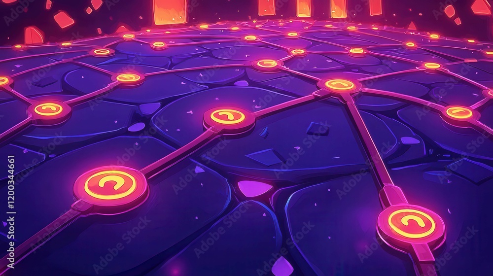 Poster an abstract digital landscape with a network of glowing nodes on a dark textured surface.