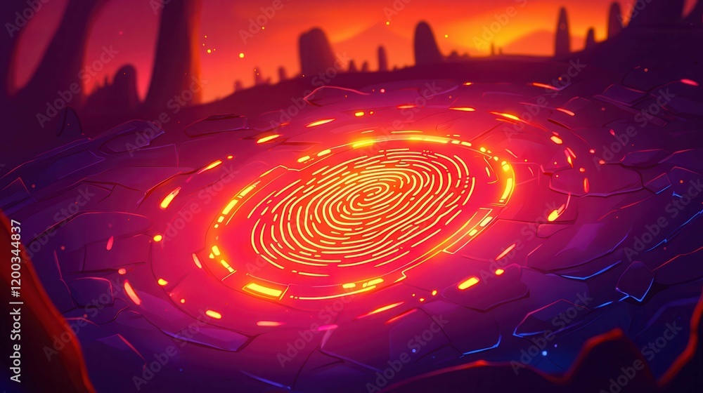 Poster a vibrant animated landscape featuring a glowing circular pattern in a mystical setting during sunse