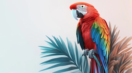 Obraz premium vibrant parrot perched on tropical leaves against a soft blue background. Exotic beauty and tropical celebration concept.