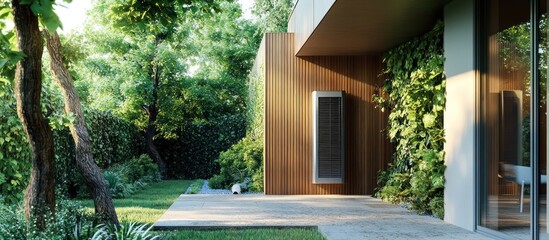 Modern home exterior with vertical garden and patio.
