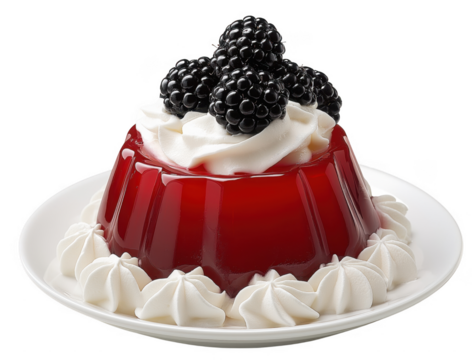 Red berry jello mold and fruit blackberries with white whipped cream on top, on a white plate, transparent background.
