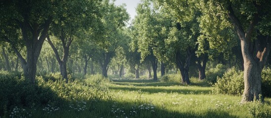 Obraz premium Sunlit path through a lush green forest with wildflowers.
