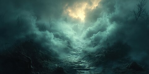 Fototapeta premium A Majestic and Mysterious Pathway Through a Misty Forest with Ethereal Light in the Sky, Creating an Enigmatic and Dreamlike Atmosphere