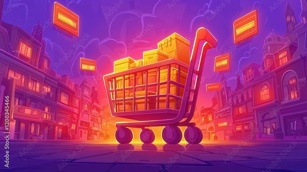 Poster a vibrant animated shopping cart filled with boxes in a colorful cityscape at dusk.