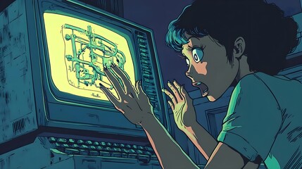 Retro-styled illustration of a woman pulled by an old computer