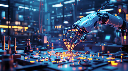 AI-Powered Robotic Arm Creating Jewelry Designs in Futuristic Workshop 