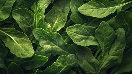 Fototapeta premium Close-up of fresh, dark green arugula leaves, creating a lush, textured background.