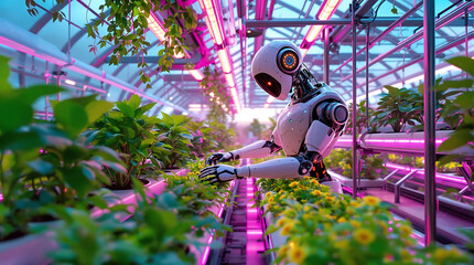 AI-Powered Robotic Gardener Tending Plants in Futuristic Greenhouse 