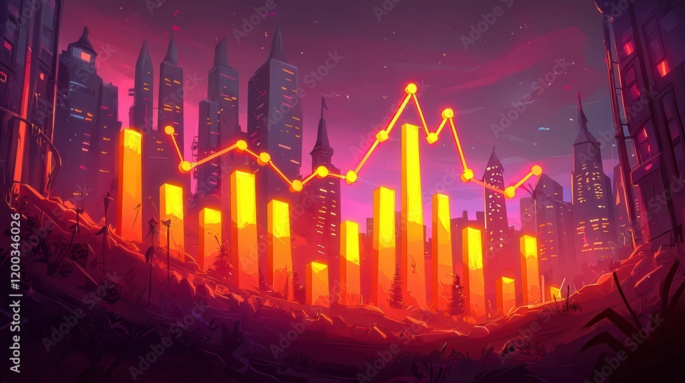 Poster a vibrant city skyline with glowing bar graphs representing data analytics against a sunset backdrop