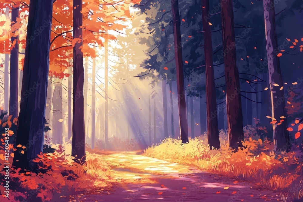 Poster a forest with tall trees and sunlight filtering through the leaves, creating an enchanting autumn sc