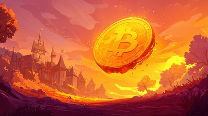 A golden Bitcoin coin hovers above a vibrant sunset landscape with a castle silhouette.