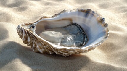 Open oyster shell on sandy beach.