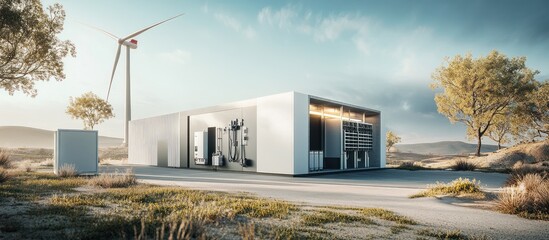 Modern energy storage facility near a wind turbine.