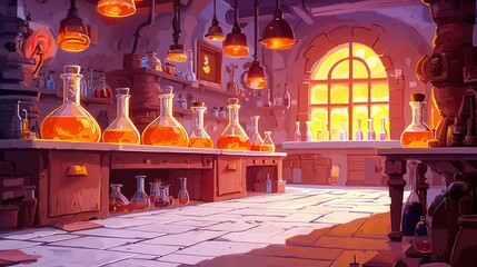 An enchanting laboratory filled with colorful potions and glassware, illuminated by warm sunlight.