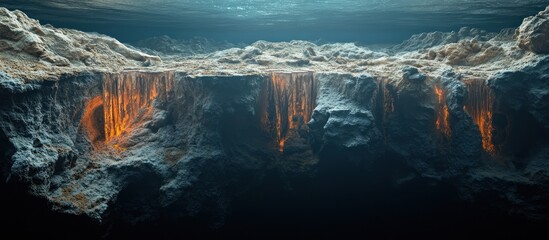 Fototapeta premium Underwater volcanic rock formation with glowing lava flowing down its cliffside.