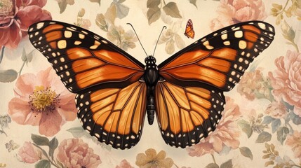Obraz premium Large monarch butterfly with intricate details on a floral background.
