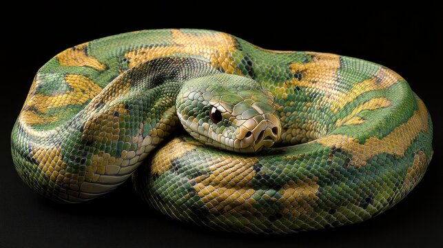 Green and yellow python coiled on black background.